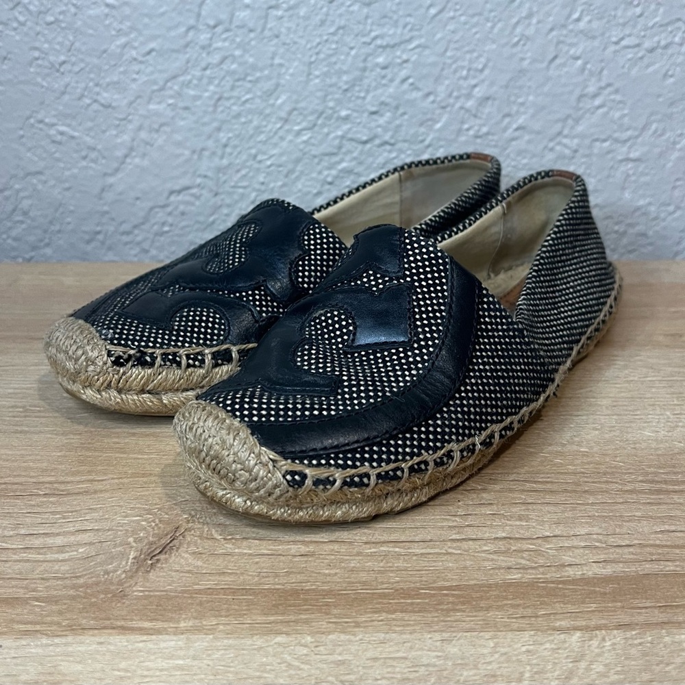 Tory Burch Espadrille Flats Black Leather Women's Size 5M